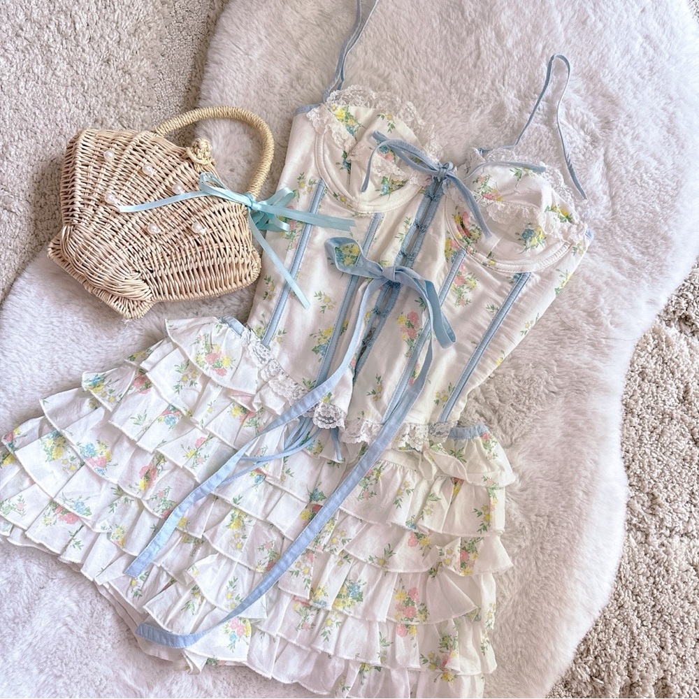 For Love And Lemons White Floral Ruffle Mini Dress with Blue Trim